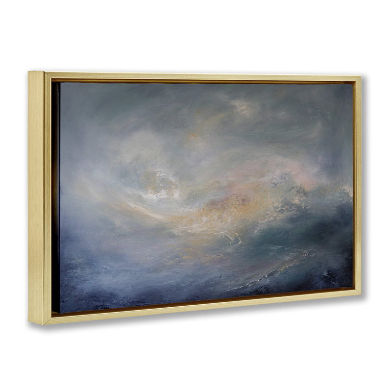  Toile abstraite en cascade de nuages par Lydia Orange, H 21 po x l 31 po, Cadre flottant métallique doré