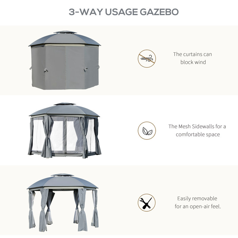 12' x 12' Gray Steel Patio Gazebo with Netting and Curtains
