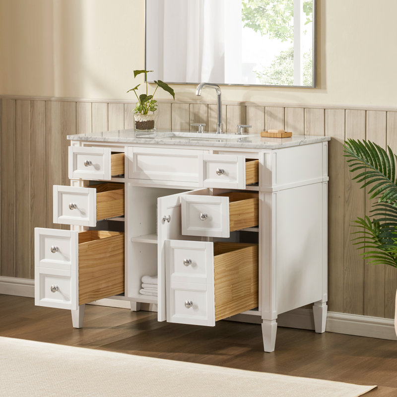 Alexxis 42 in. Single Sink Freestanding Bath Vanity in Matte White with Carrara Marble Top, White