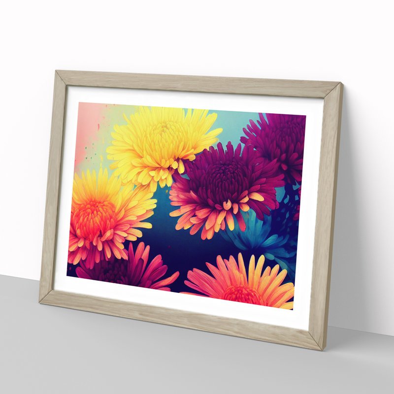 Majestic Chrysanthemum Flowers 1 Piece Single Picture Frame Painting, 34cm H x 46cm W x 2cm D, Oak