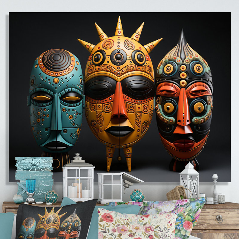 Masques colorés d'Afrique sur toile, H 12 po x l 20 po x P 1 po, Toile tendue