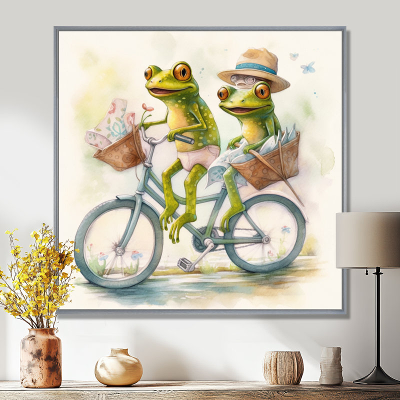 Grenouilles vertes chevauchant un vélo, H 36 po x l 36 po, Cadre argenté flottant