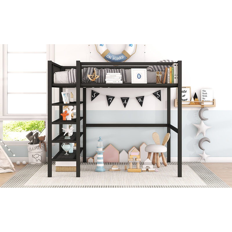 Lit mezzanine en métal avec tablettes à 4 niveaux et rangement, Lit double, Noir