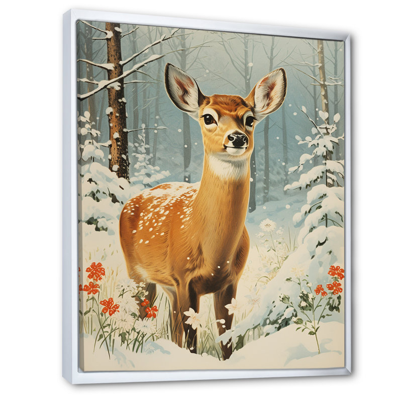 «Brown Deer Winter Adventure II - Deer Animal», art mural, Cadre flottant blanc, 40" H x 30" W