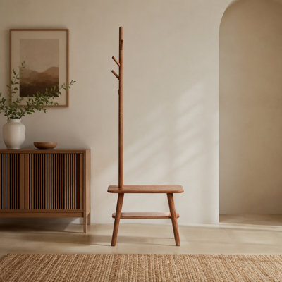Tabouret à chaussures en bois massif naturel avec cintre en tissu, banc de rangement moderne Mid-Century pour vestibule et espaces de vie