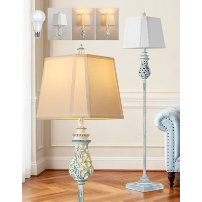 64" Farmhouse Floor Lamp with Nightlight, Rustic Tall Standing Lamp with Rotary Switch for Living Room, Bedroom, Wash Blue