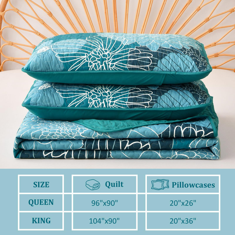 3 Pieces Floral Printed Quilt Set All Season Lightweight Bedspread Set with Shams, Teal, King Quilt + 2 King Shams