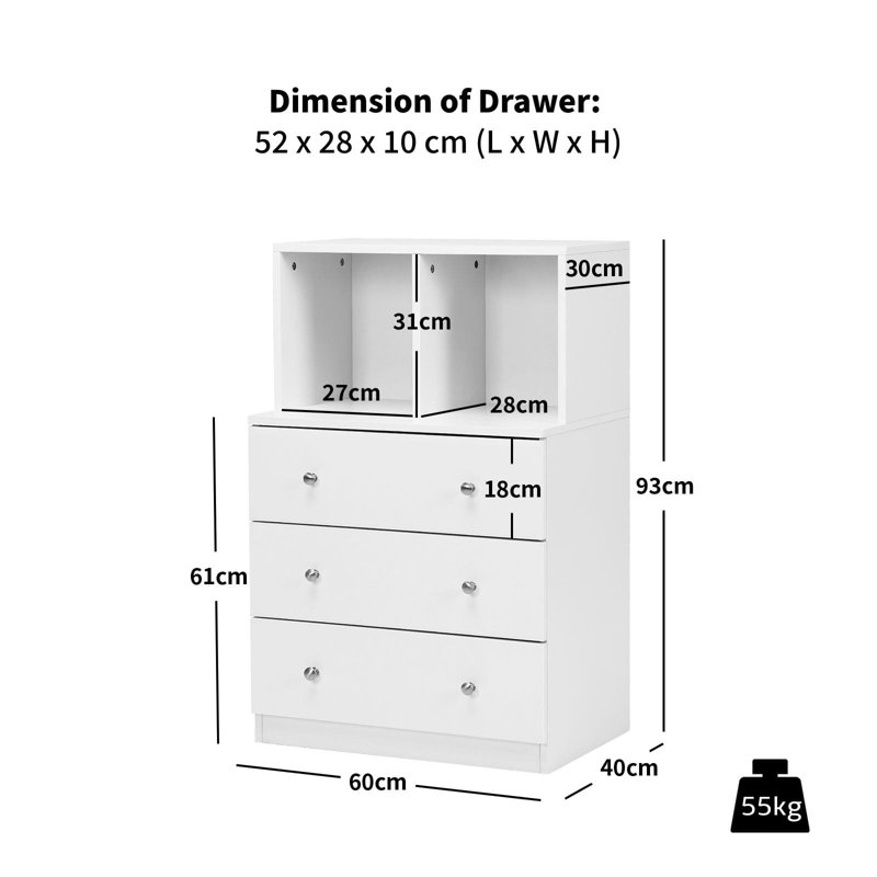 60 cm W Chest of 3 Drawers, White