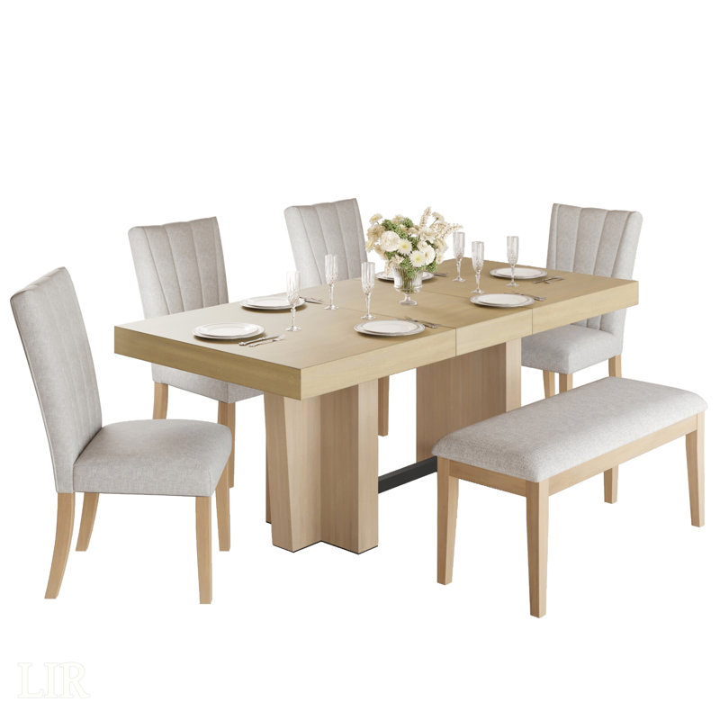 Ensemble de table de salle à manger extensible en bois avec banc et chaises rembourrées Farmhouse, Naturel, Gris clair