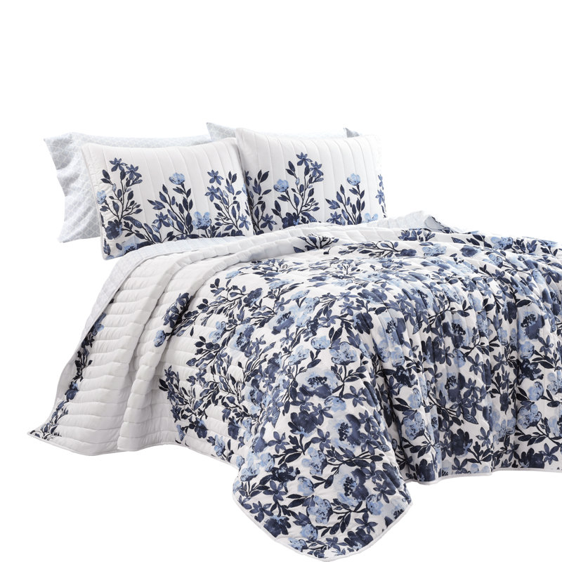 Microfiber Reversible 3 Piece Quilt Set, King Quilt + 2 Shams, Navy/White