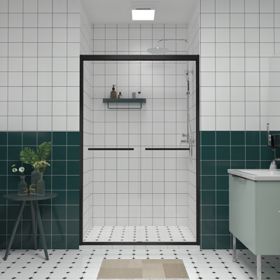 Porte de douche coulissante double en aluminium de 44 à 48 po x 76 po, porte de salle de bain coulissante de contournement avec verre trempé transparent de 1/4 po (6 mm) de qualité supérieure, cabine de douche coulissante en verre noir, finition noir mat