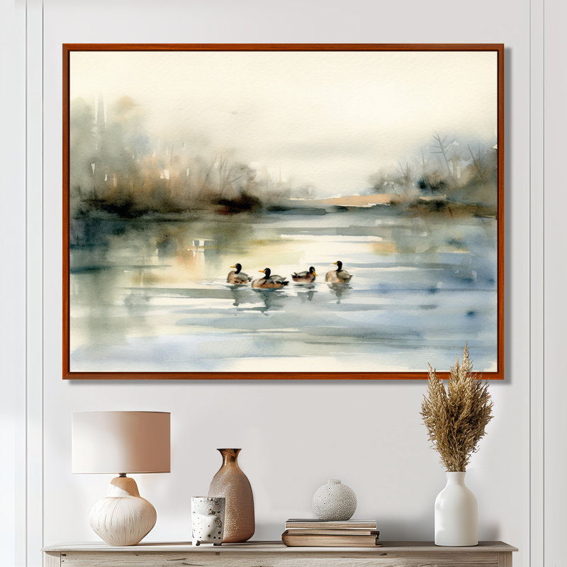 «Ducks in Pond II», art mural sur toile, H 30 po x l 40 po x P 1,5 po, Cadre flottant brun
