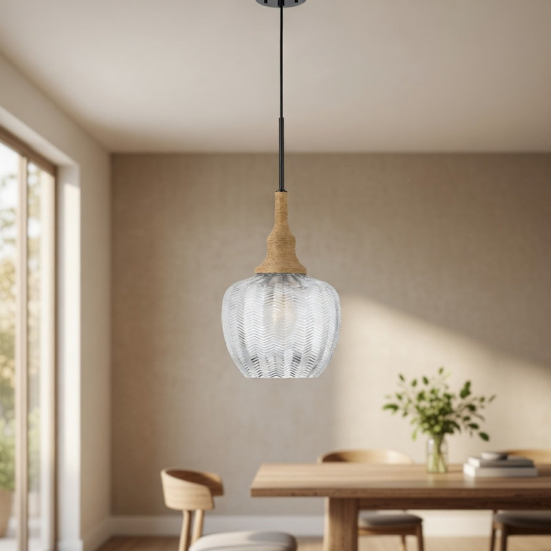 Pendant Light, Leaf Pattern Glass Shade, Burlap Rope Accent, Black Metal