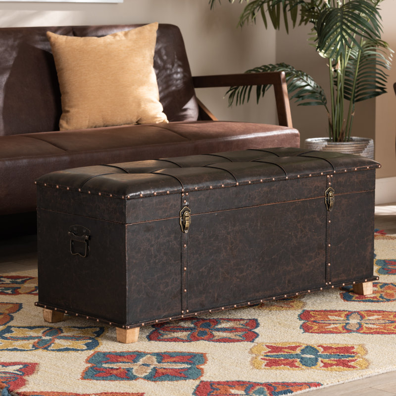 Janna Rustic Transitional Faux Leather Upholstered and Wood Storage Ottoman