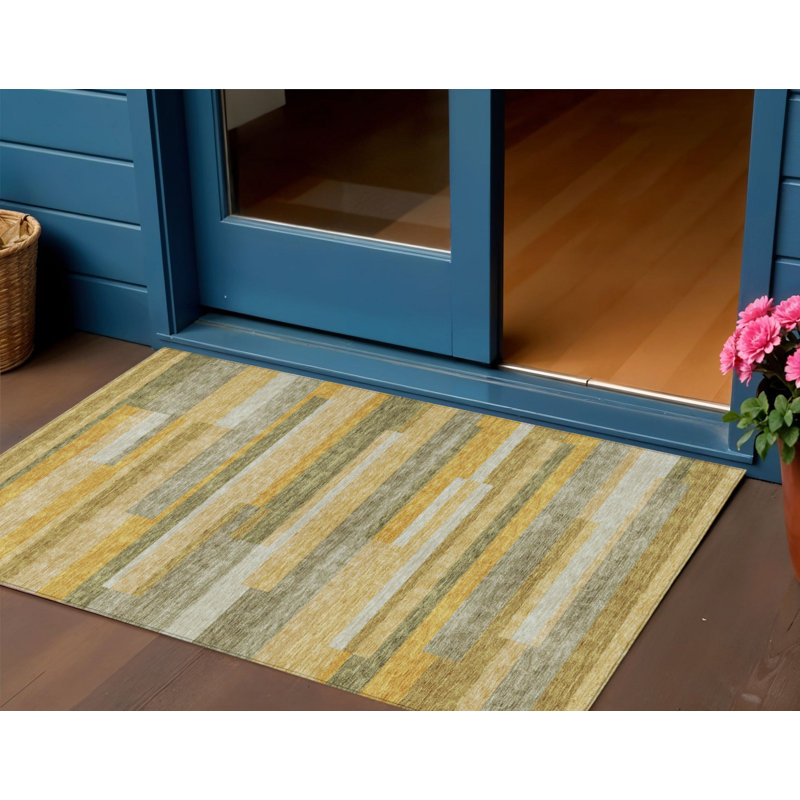 3' X 5' Gold Wheat And Ivory Striped Washable Indoor Outdoor Area Rug