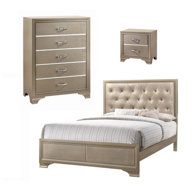Maryela Metallic Champagne 3-Piece Bedroom Set with Chest