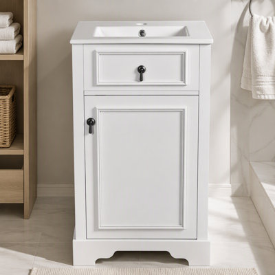 Meuble-lavabo de 20 pouces avec lavabo en céramique, porte à fermeture douce, tablette réglable et support de rangement fixé à la porte - idéal pour les petites salles de bain