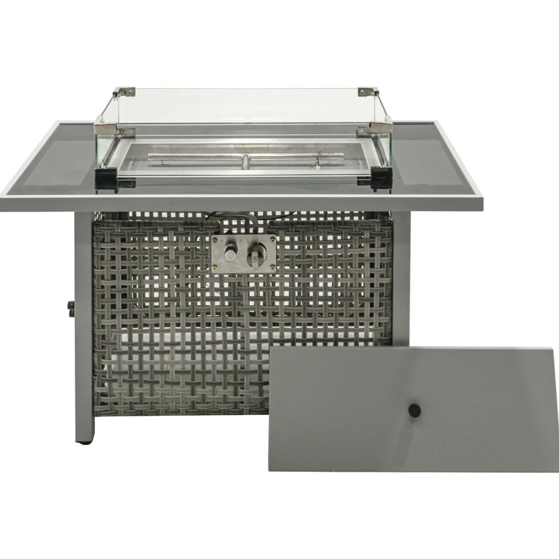 43" Rectangular Grey Open Weave Propane Fire Pit Table, 60000 , With Blue Glass Stones, Tempered Wind Guard, And 20lbs Storage For Outdoor Family Gatherings Gas Bohemian Charm, Removable - Rust Lid
