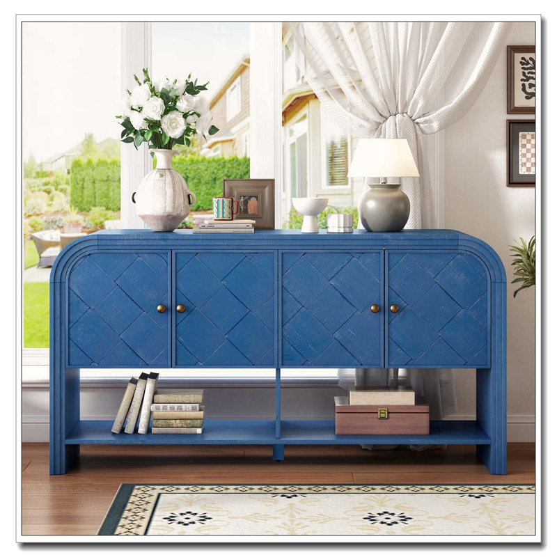 console table with Woven Wood Slats, Navy Blue