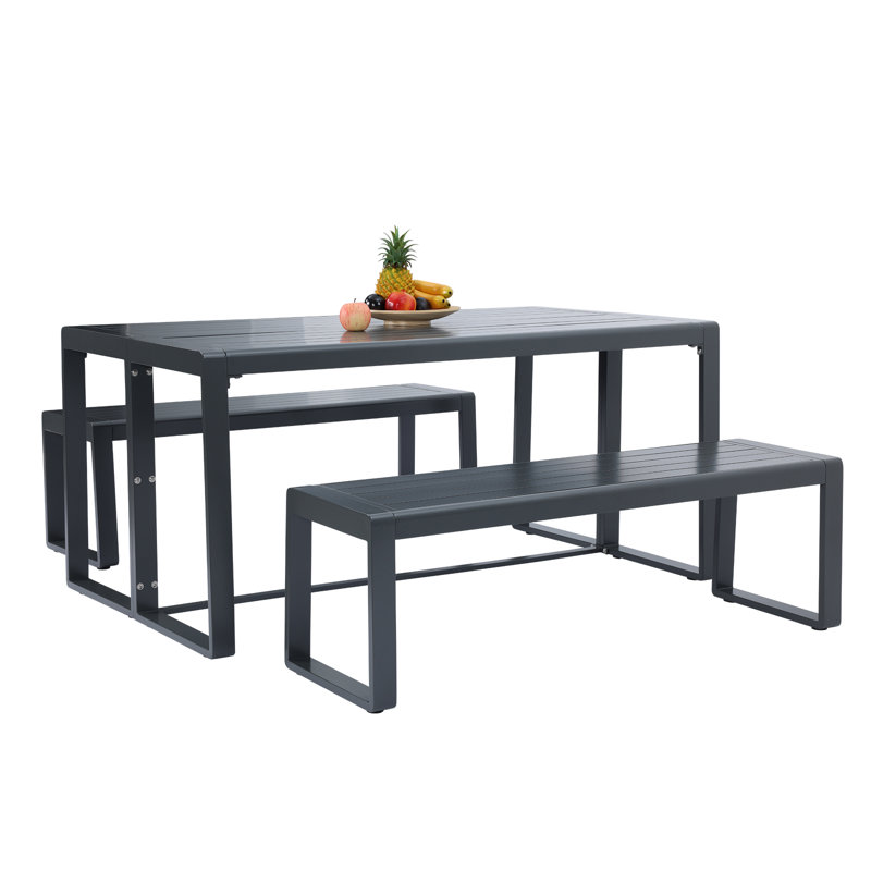Aoodor 3-Piece 63" Metal Outdoor Patio Dining Set with Rectangular Table and Benches, Black