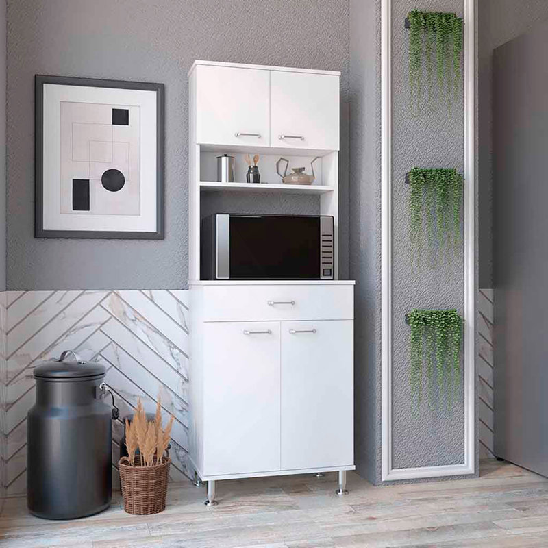 Armoire garde-manger H 67 po, quatre portes, un tiroir, trois tablettes internes, 2 tablettes de rangement externes, option de rangement pour micro-ondes, quatre pieds, blanc