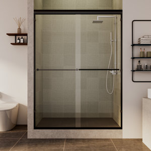 Clear-Black 60'' W x 70'' H Double Sliding Door with Two Handles Semi-Frameless Clear Tempered Glass Shower Door