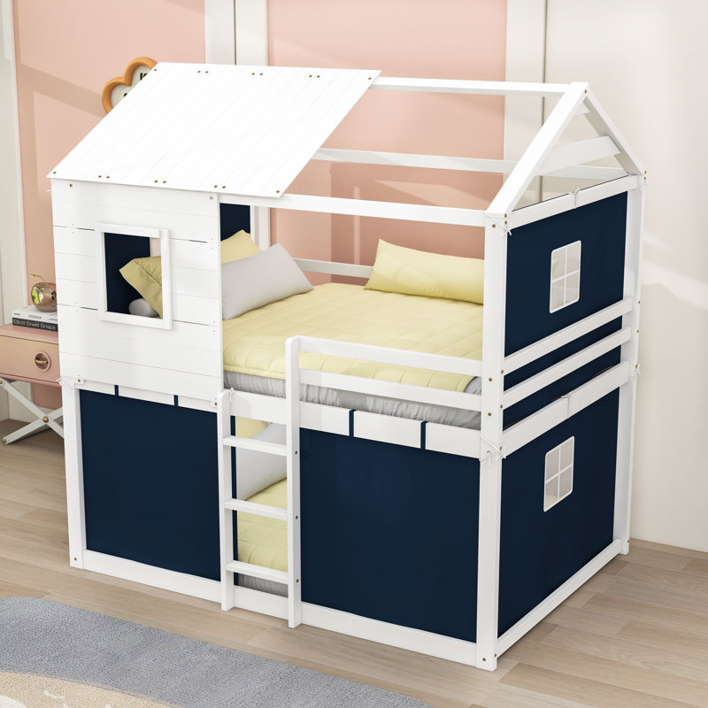 House-Shaped Bunk Bed With Sturdy Wooden Frame And Tent, Blue White, Full Over Full