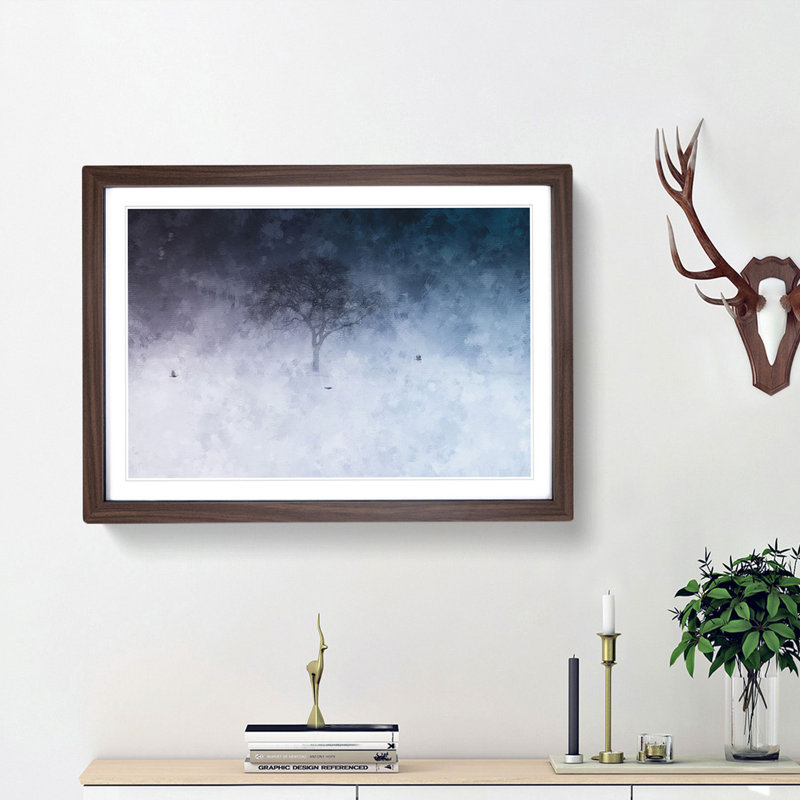Birds Passing A Tree In Geneva Painting - Single Picture Frame Print on MDF, 45cm H x 33cm W x 2cm D, Oak