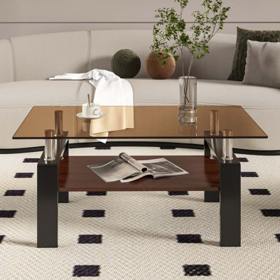 Table basse rectangulaire, plateau en verre trempé avec panneau de fibres à densité moyenne, table moderne pour le salon, verre brun