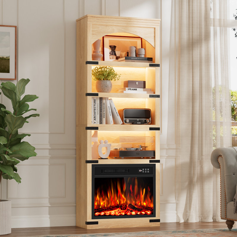 70" Tall Arched Bookshelf w/LED Light, 23 Inch Electric Fireplace with Bookcase, Timer, Realistic Flame Effect, Modern Storage Accent Bookshelf for Home, Office, Living Room