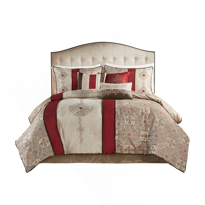 Ensemble d'édredon en jacquard pour grand lit 7 pièces avec coussins décoratifs, motif moderne de couleur contrastante et détails brodés