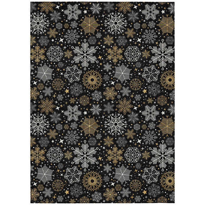 Machine Washable Indoor/Outdoor Christmas Snowflake Xhevrie Black Rug, Rectangle 3' x 5'