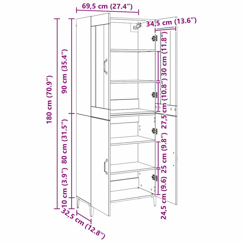 Highboard 2 Pcs 69.5 X 34 X 180 Cm Engineered Wood, Black Oak