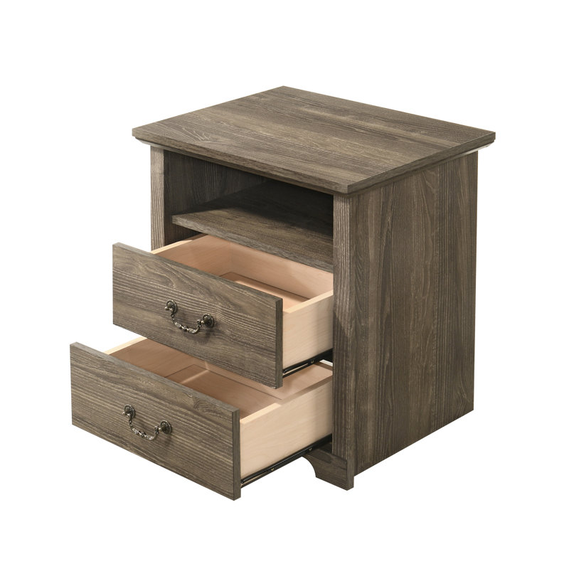 Rustic 22" W Bedside Table Nightstand With 2 Drawers, Open Shelf, Metal Handle Accent, Multi-Color Options, Gray