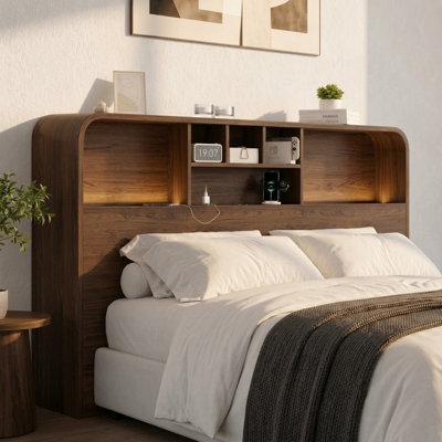 Curved-Edge Bookcase Headboard with Built-In Charging Station & Adjustable LED Lighting, Queen