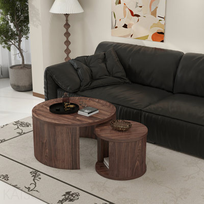 Round Nesting Coffee Table Set Of 2 - Natural Wood Color, 31.5" Large & 18" Small Low Tables