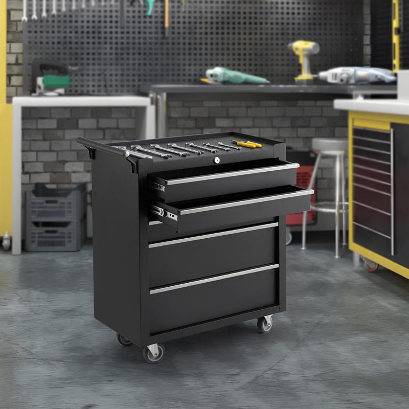 Coffre à outils à 5 tiroirs, chariot à outils roulant, armoire de rangement pour outils de grande capacité avec verrous à clé et tiroirs, boucle à maillons, et peut être combiné à un grand ensemble d'armoires, pour garage, atelier, entrepôt