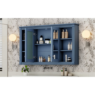 47 Inch Bathroom Mirror Cabinet With Storage, Adjustable Shelf And Open Shelves, Wall Mounted Medicine Cabinet For Bathroom, Bedroom, Vanity