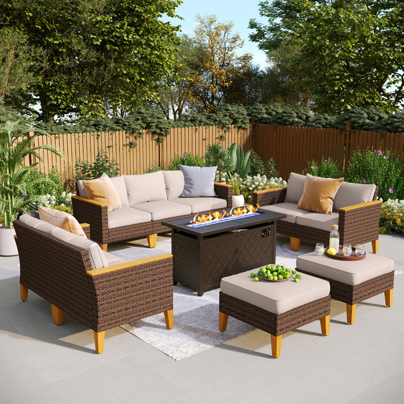 9 - Person Wicker Outdoor Patio Conversation Furniture Sectional Set With Fire Pit Table, Beige