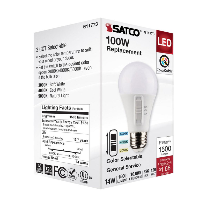 12 Watt (75 Watt Equivalent), A19 LED, Non-Dimmable Light Bulb, Selectable CCT E26/Medium (Standard) Base, 14 W