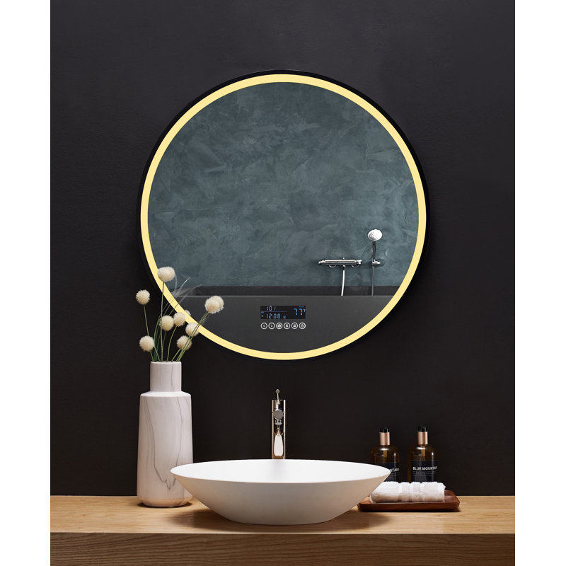 Round Black LED Bathroom Vanity Mirror with Bluetooth and Digital Display