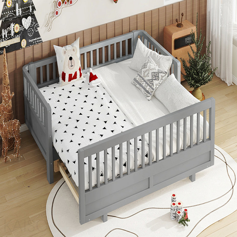 Lit plateforme simple avec garde-corps, structure de lit simple en bois massif, peut être converti en lit plateforme double gris