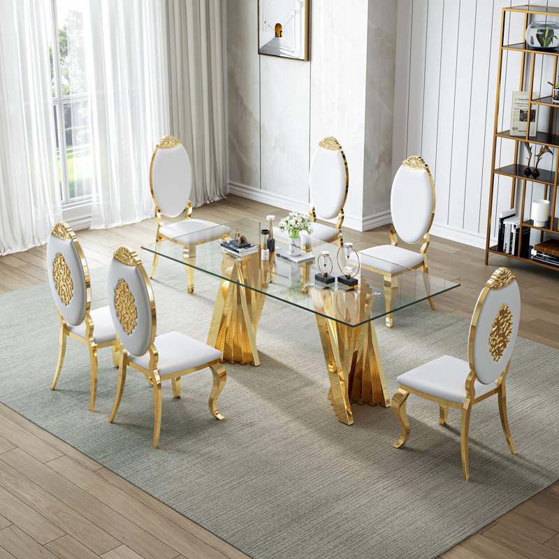Mid-Century 70" Glass Dining Table Set Of 7, Luxurious Irregular Stainless Steel Legs And Curved Legs Oval High Back Chairs For Kitchen, Living Room, Home Office