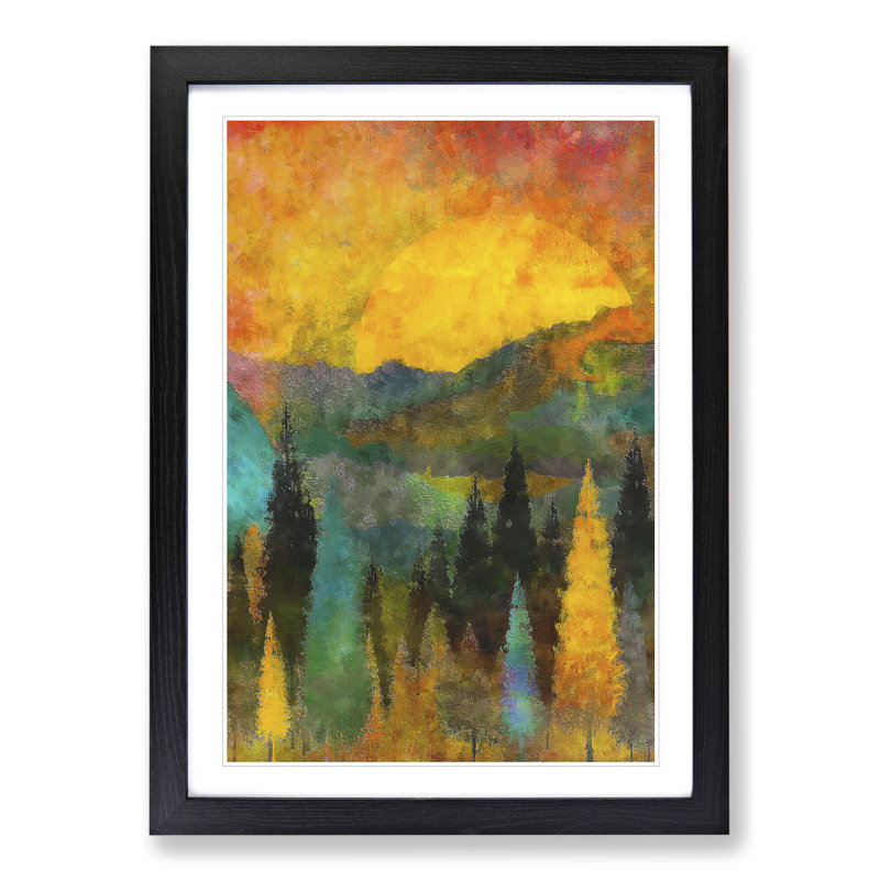 Sun Setting Behind an Autumn Forest - Framed Print, 65cm H x 48cm W x 2cm D, Black Framed