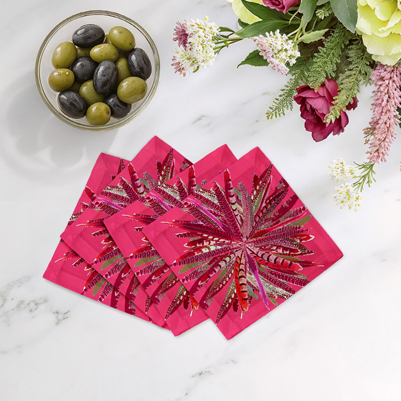 Pheasant Feathers Cotton Sateen Cocktail Napkins, Plum