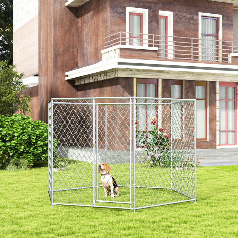 Chenil pour chien, argent, L 9,2 pi x l 8 pi, H 5,6 po Extérieur pour chiens de taille moyenne et grande. Barrière verrouillable sécurisée. Espace de jeu spacieux. Confortable. . Méthode d'installation rapide: 9,2 pi 8 pi 5,6 pi argent For To To Passage. Paisible.