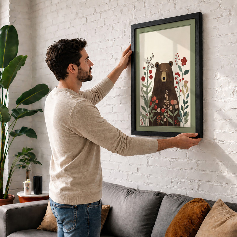 Bear Among Wildflowers Boho - Framed Print, A1 - 84.1 x 59.4 cm, White