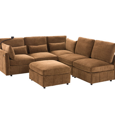 85.4" Brown Sectional Bed With Movable , Ports, Phone Holder, And Three Lumbar Pillows For Guest - Comfortable Homes U Shaped Modular Relaxed Home Living