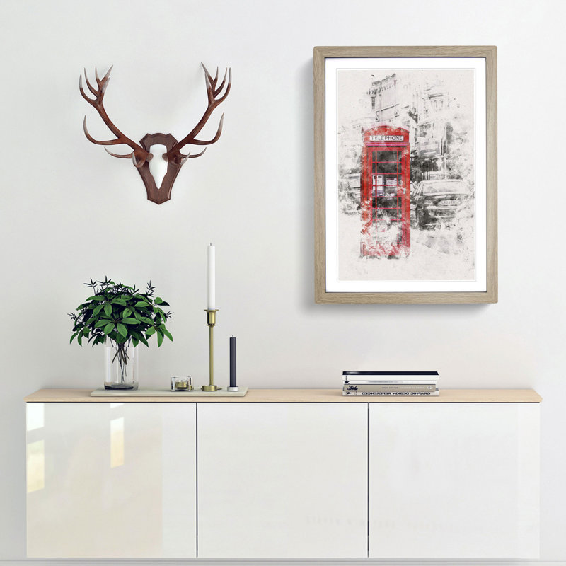 A Red Telephone Box - Framed Print, 63cm H x 45cm W x 2cm D, Oak Framed