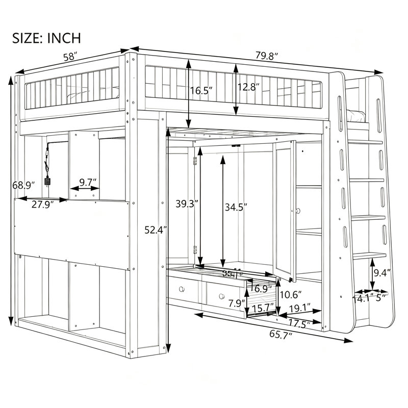 Lit mezzanine pleine grandeur en bois massif avec garde-corps en similicuir entièrement rembourré, lit pour grand lit avec garde-robe intégré, tiroirs, tablettes à plusieurs niveaux et lumières DEL ambiantes, blanc